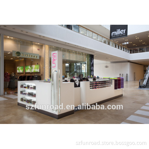 Funroad names nail kiosk glass shelf display stand for sale